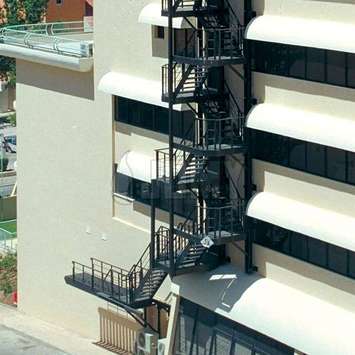 Raisable fire evacuation stairs Raisable fire evacuation stairs for a hotel.